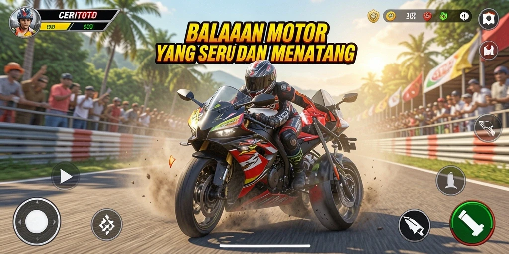 Tampilan gameplay <strong>CERITOTO</strong> dengan balapan motor yang cepat dan seru.