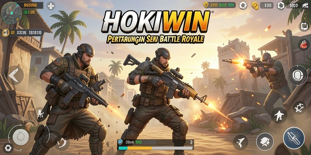 Screenshot gameplay HOKIWIN menampilkan pertarungan seru di arena Battle Royale.