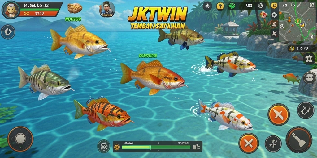 Tampilan gameplay JKTWIN saat menembak ikan dengan berbagai senjata.