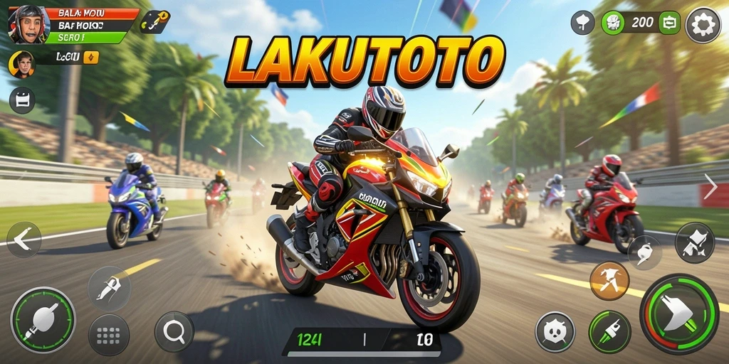 Screenshot gameplay LAKUTOTO menampilkan aksi balap motor yang mendebarkan.