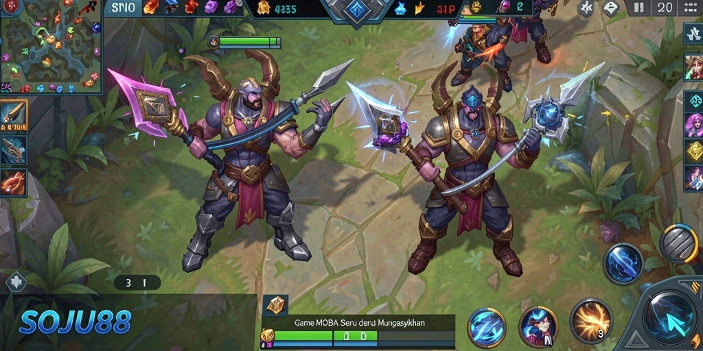 Tangkapan layar utama <strong>SOJU88</strong> menunjukkan pertempuran intens dalam game MOBA.