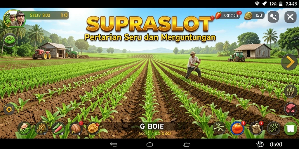 Tampilan gameplay SUPRASLOT dengan berbagai tanaman dan hewan ternak.