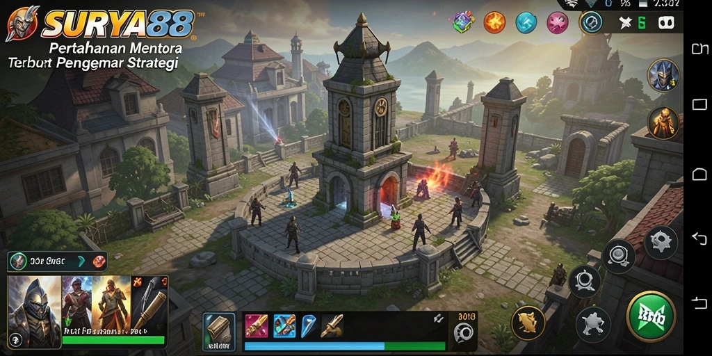 Tangkapan layar game SURYA88 dengan suasana pertahanan menara yang intens.