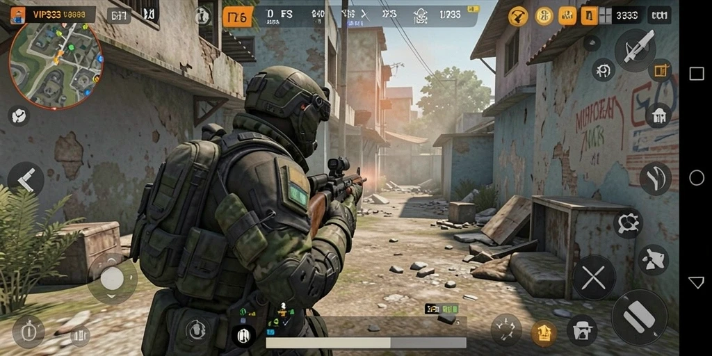 Screenshot gameplay VIP333 dengan aksi tembak-menembak yang intens.